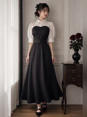 Japanese Coquette Puff Sleeve Belted Maxi Dress XS/S